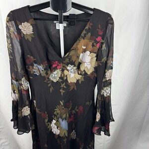 Maggy London Silk Floral Dress Womens 12 Black Sheer Bell Sleeve V Neck Midi